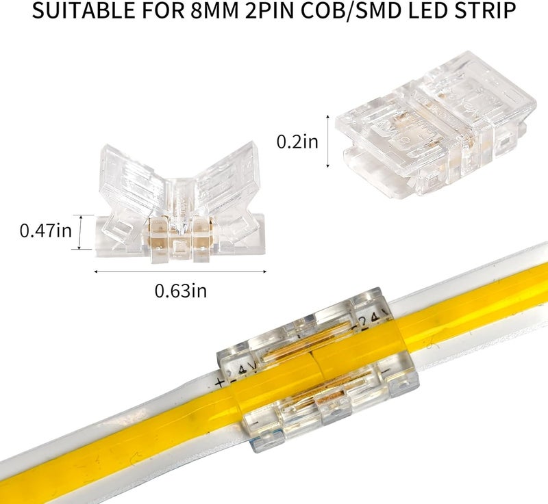 HEYAN 2 Pin 8mm LED Strip to Strip Connectors 20 Pcs Solderless Transparent LED Strip Connector Unwired Gapless Tape Light Connector No Dark Area for COB/SMD Single Color LED Strips - Image 4